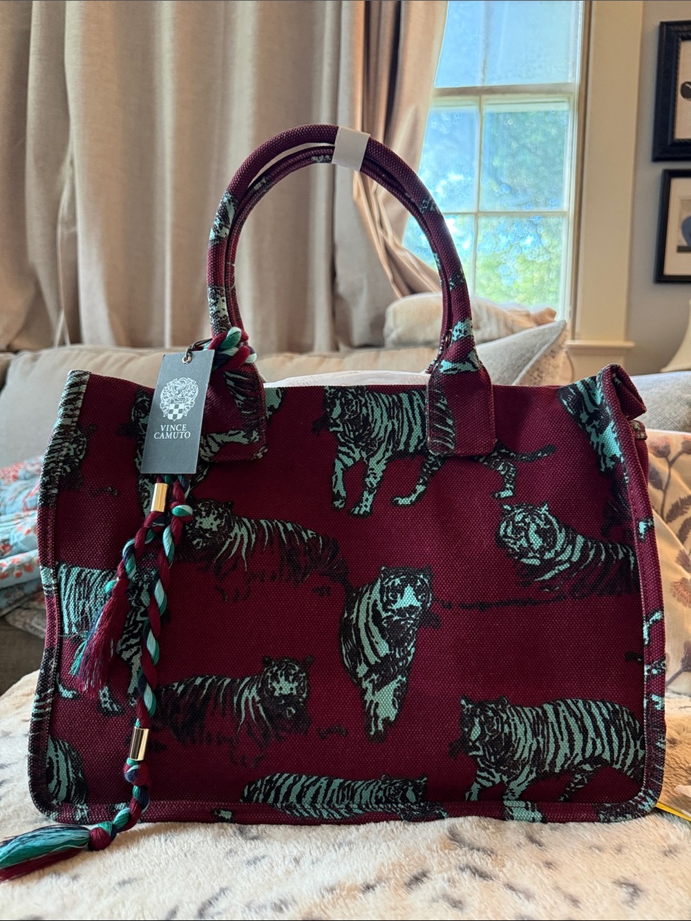 Vince Camuto Structured Maroon & Blue Tote Bag with Top Handles